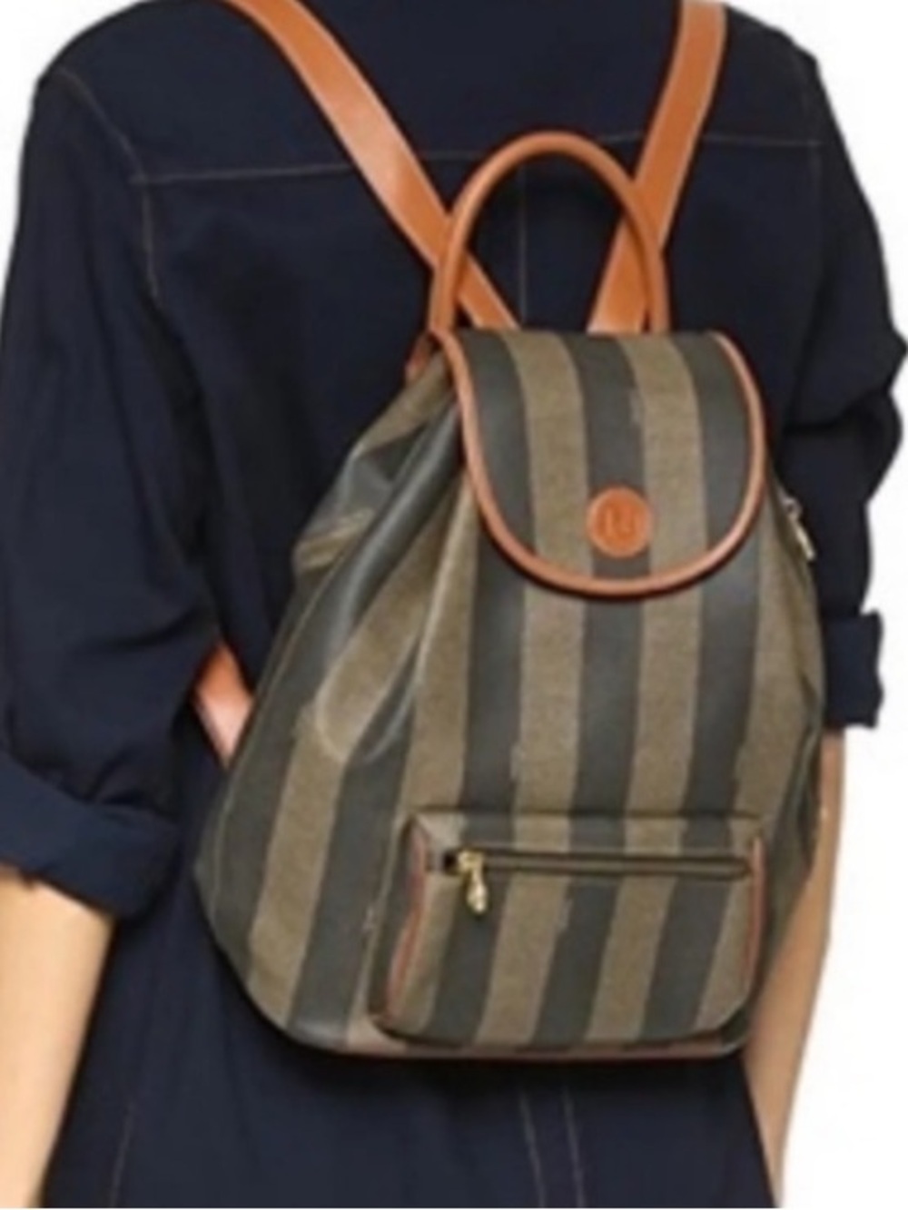 Fendi Vintage Pecan Striped Pequin Coated Canvas Small Backpack EUC